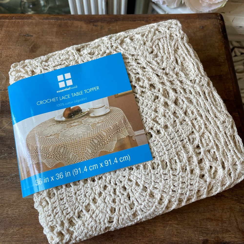 vintage cream crocheted cotton lace table topper table cloth cottage decor